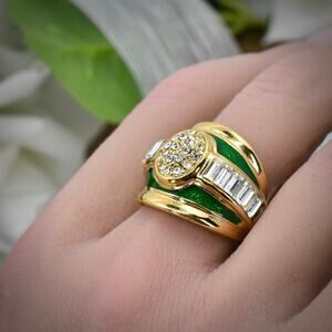 Authenticated Vintage Christian Dior Green Enamel Rhinestone Statement Ring 6